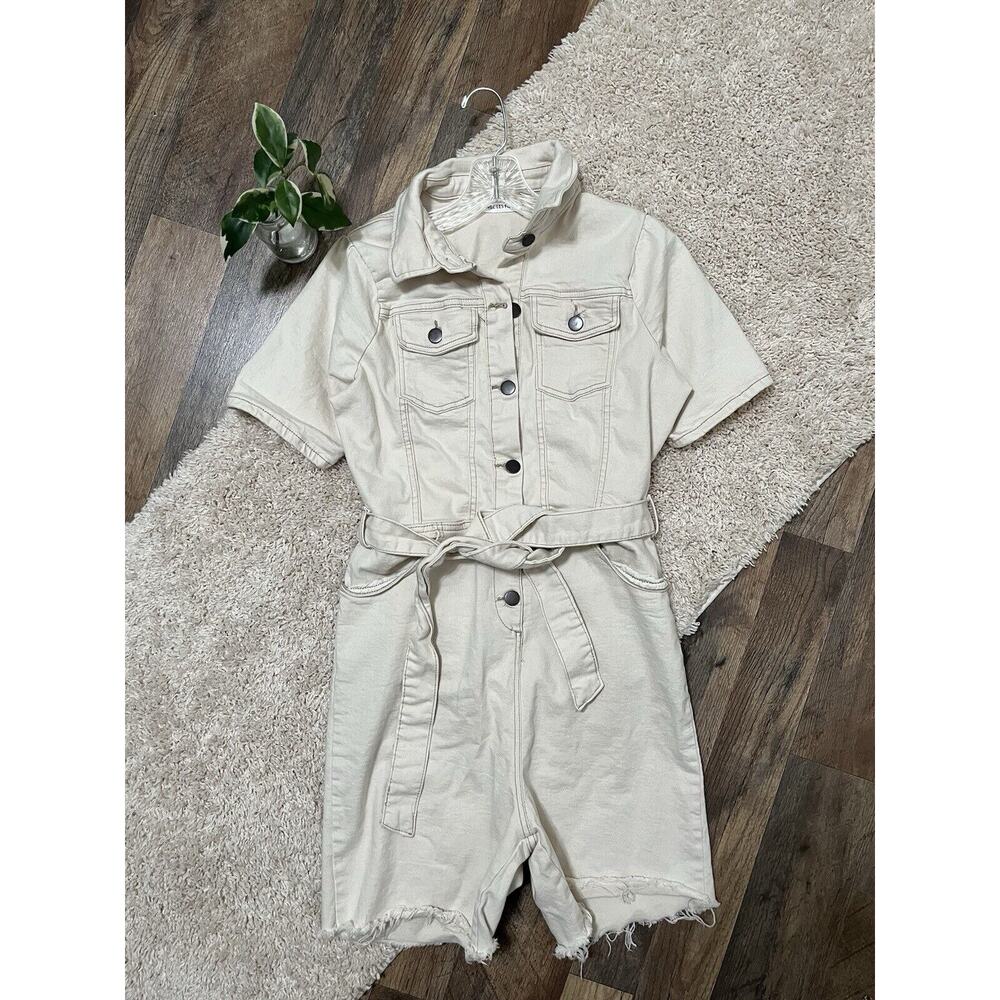 Anthropologie Avec Les Filles Size 28 Cream Cut-Off Belted Romper Jumpsuit